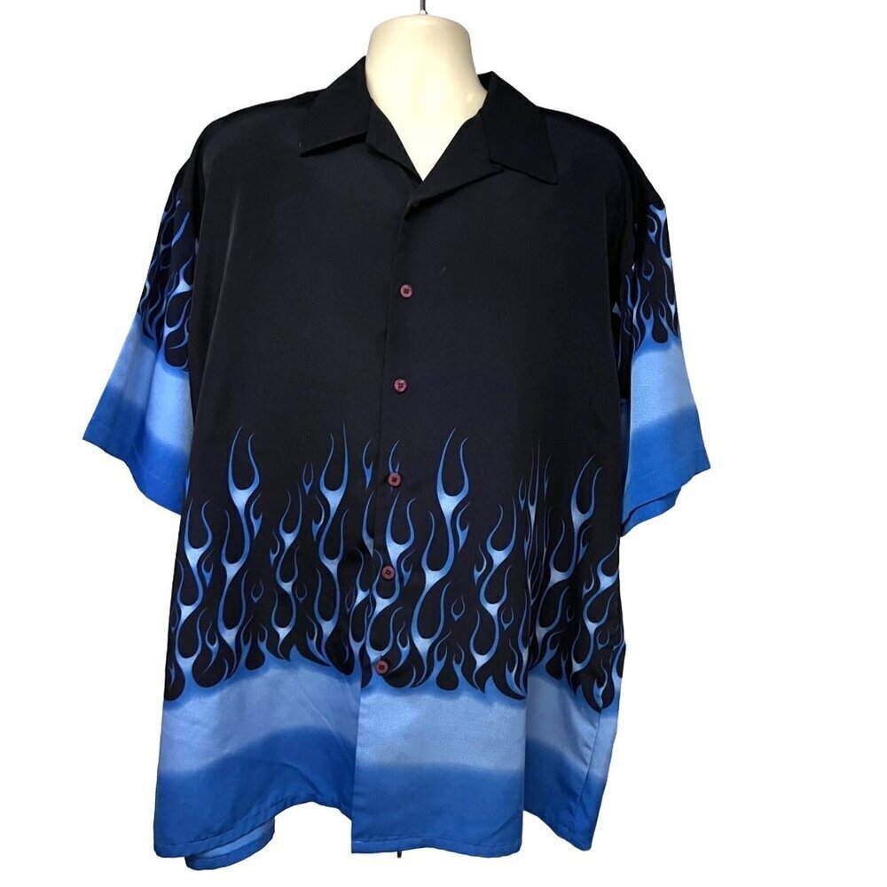 Moon Vintage Rockabilly Black Blue Double Graphic Flames Button Up Camp Shirt XL